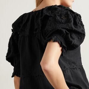 Sea Kiara Ruffled Broderie Anglaise Cotton And Linen-blend Top Eyelet Black Sm